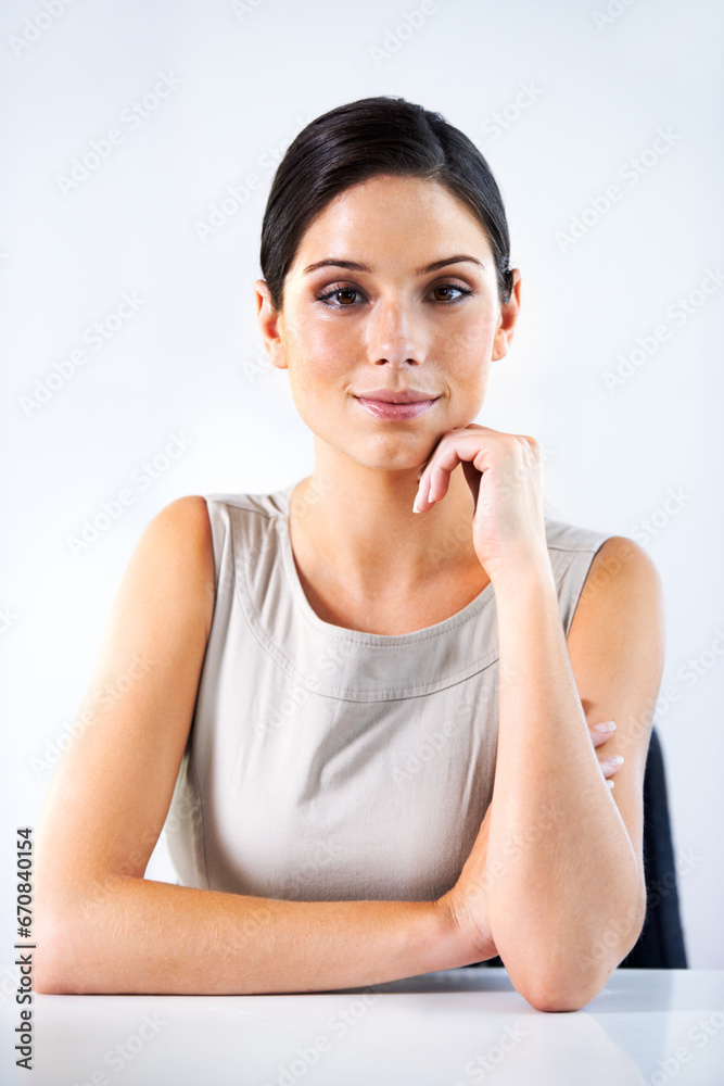 Poster Portrait, woman and small business owner smile with confidence, ambition and mindset in office. Startup, face and female entrepreneur with positive attitude, empowerment or company, career or pride