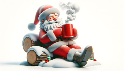 Santa Claus relaxing with hot cocoa drink. Christmas holiday mood. 3D illustration. Design for sticker, print, or greeting card - obrazy, fototapety, plakaty
