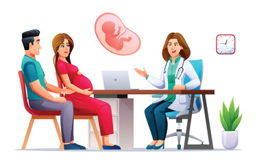 Man and woman couples consult pregnancy with doctor. Consultation and check up during pregnancy concept. Vector cartoon character illustration