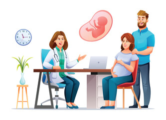 Doctor explains about pregnancy to pregnant woman and her husband. Consultation and check up during pregnancy concept illustration. Vector cartoon character