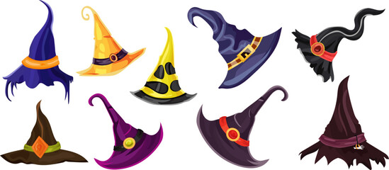 Collection of witch hats, illustration. Vector. Halloween, event, holiday. Witch. Accessory for witches, headdress. Witch hat, miscellaneous set. Cartoon style, flat. colorful 
