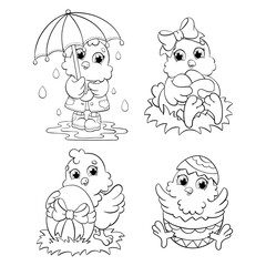 Set of cute Easter chickens. Coloring book page for kids. Funny birds. Cartoon style character. Vector illustration isolated on white background.