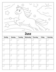 Blank calendar template for one month without dates. Colorful design with a cute character. Vector illustration.