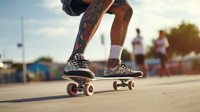 Close up cool Skater Riding On Skateboard in Urban Area. AI generated image