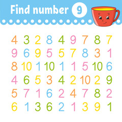 Find number. Education developing worksheet. Activity page with pictures. Game for children. Funny character. cartoon style. Vector illustration.