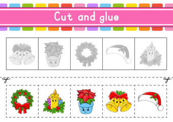 Cut and play. Paper game with glue. Flash cards. Education worksheet. Activity page. Scissors practice. Vector illustration.