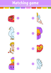 Matching game. Draw a line. Education developing worksheet. Activity page with color pictures. Riddle for children. Cute character. Cartoon style. Vector illustration.