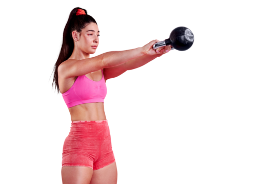 Fitness, woman and kettlebell swing for power, muscles and isolated on a transparent png background. Sports, exercise and strong female athlete lifting weights with focus, training and workout action