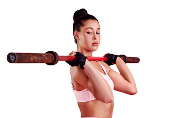 Woman, barbell and focus on fitness, power and sports training isolated on a transparent png background. Serious female athlete, workout and heavy weights for challenge, strong muscle and exercise