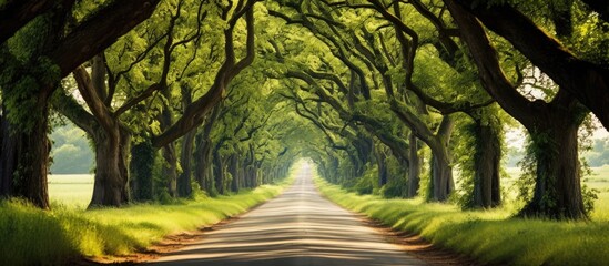 A path meanders through the countryside where trees create a natural canopy overhead - obrazy, fototapety, plakaty