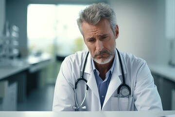 Headache, stress and doctor working in his office doing medical research or analyzing test results. Burnout, exhausted and frustrated healthcare worker in a consultation room writing hospital report.