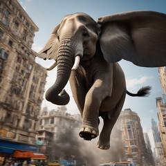 "Graphics Generative AI image of Elephant flying in air in city
"
