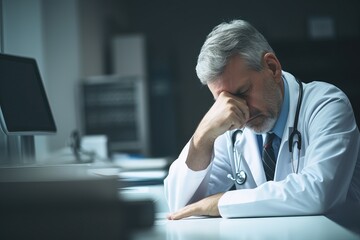 Headache, stress and doctor working in his office doing medical research or analyzing test results. Burnout, exhausted and frustrated healthcare worker in a consultation room writing hospital report. - obrazy, fototapety, plakaty