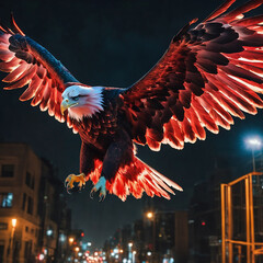 Graphics Generative AI image of blood red Eagle flying through a city at night
