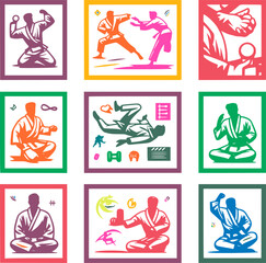 Balance and Control: Minimalist Judo Vector Illustrations, Set of Editable Stroke Graphics,  visuals and symbols