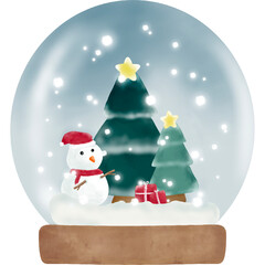 Snow globe with snow falling to a snowman, 2 trees, and presents inside