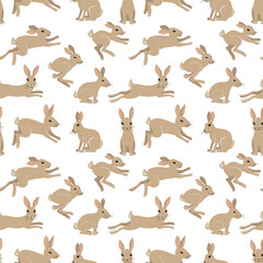 vector drawing seamless pattern with hares, rabbits, hand drawn animal at white, cartoon style background for children textile or wallpaper