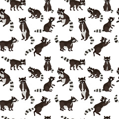 vector drawing seamless pattern with raccoons, hand drawn animals at white,cartoon style background for children textile or wallpaper