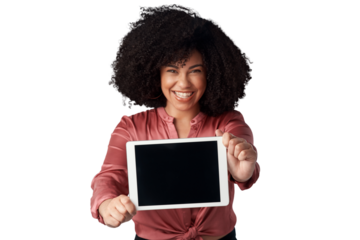 Digital tablet, happy and portrait of a woman with mockup for marketing, promotion or advertising. Happiness, smile and headshot of female model with technology isolated by transparent png background