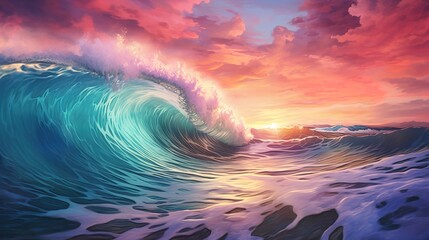 Obraz premium A beautiful ocean wave forming a tube. Summer tropical resort incoming wave