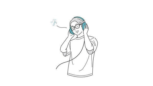 ヘッドホンで音楽を聴く男性のループアニメーション。アルファチャンネル付き。