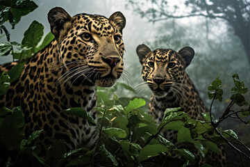 Male leopards in the Indian jungle during monsoon season
