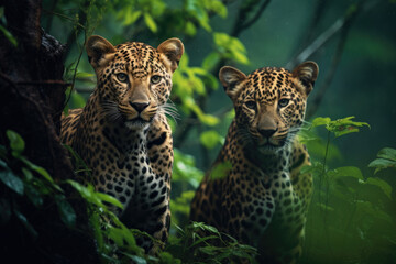 Male leopards in the Indian jungle during monsoon season - obrazy, fototapety, plakaty