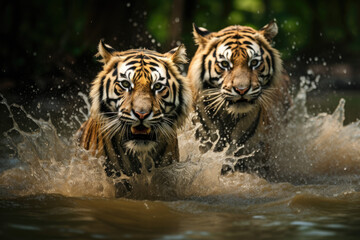 Fototapeta na wymiar Male tigers in the Indian jungle during monsoon season