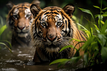 Male tigers in the Indian jungle during monsoon season