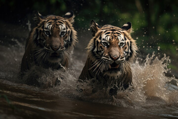 Fototapeta na wymiar Male tigers in the Indian jungle during monsoon season