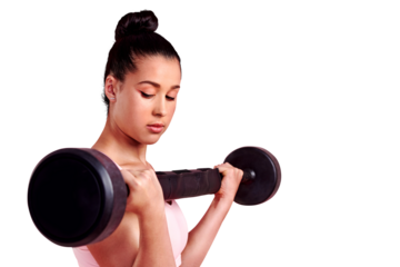 Isolated woman, weightlifting and barbell for fitness, thinking or strong muscle by transparent png background. Bodybuilder girl, idea or vision in workout, exercise or training for body and health