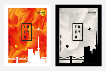 Japan Tokyo city poster pack with abstract skyline, cityscape, landmark and attraction. Travel vector illustration layout set for vertical brochure, website, flyer, presentation - obrazy, fototapety, plakaty