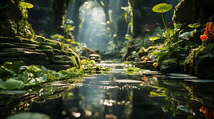 Jungle filled with lush greenery. A small river flows gently through the dense foliage, reflecting the play of sunlight on its surface.