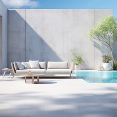 backyard with a pool and a light concrete wall