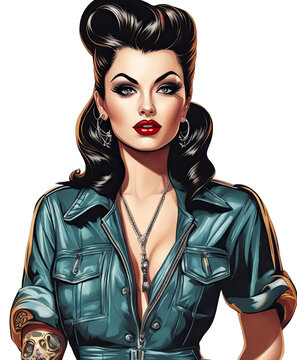 Retro charm: Rockabilly woman clipart png vintage pin-up girl clipart 1950s old fashioned woman rock and roll Tattooed Lady fashion style