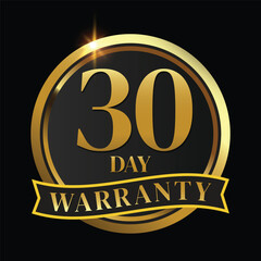 30 day warranty logo with golden shield and golden ribbon.Vector illustration.