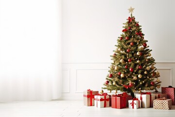 Obraz na płótnie Canvas Festive elegance. Beautifully decorated christmas tree in bright room. Seasonal splendor. Classic holiday decor illuminated