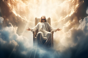 Jesus is seated on a heavenly throne, illuminated by a bright light, - obrazy, fototapety, plakaty