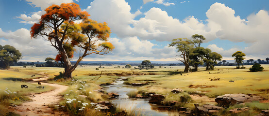 An oil painting of a field with cloud trees and a stream 1