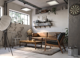 Industrial style of interior design with white grunge walls, loft style, 3d render