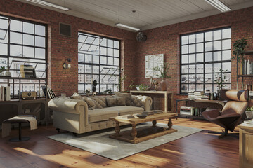 Industrial brick living room interior design. Loft Apartment with modern furniture and hardwood flooring, 3d render 