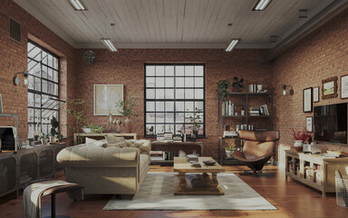 Industrial brick living room interior design. Loft Apartment with modern furniture and hardwood flooring, 3d render  - obrazy, fototapety, plakaty