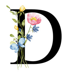 Letter D with watercolor flowers and leaf. Floral alphabet, wedding monogram, initials perfectly for invitations, greeting card, logo, poster and other design. Hand drawing.