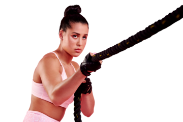 Woman, fitness or serious on battle rope in sports, exercise or isolated on transparent png background. Strong athlete, power and training with resistance weights in challenge, workout or action
