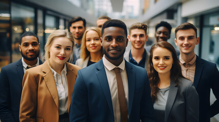 A diverse group of business professionals, a modern multi-ethnic business team, standing together and looking at the camera in a portrait shot, - obrazy, fototapety, plakaty