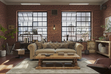 Industrial brick living room interior design. Loft Apartment with modern furniture and hardwood flooring, 3d render 