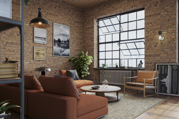 Industrial brick living room interior design. Loft Apartment with modern furniture and hardwood flooring, 3d render 