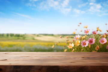Empty wooden table light brown wood texture Blurred background, natural view Flower garden and blurred mountains