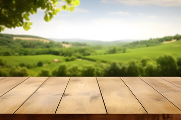 Empty wooden table light brown wood texture Blurred background, natural view Flower garden and blurred mountains