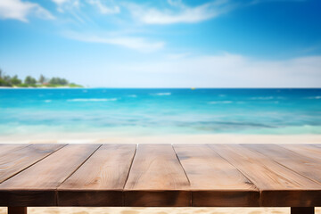 Fototapeta premium Empty wooden table light brown wood texture Blurred background, sea view and beach